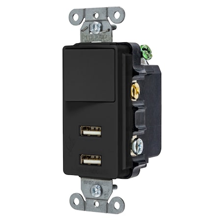 Bryant 2-Port USB Charger with Single Pole/Three Way Switch, 3A 5V, 15A 125V, Black USBB102BK